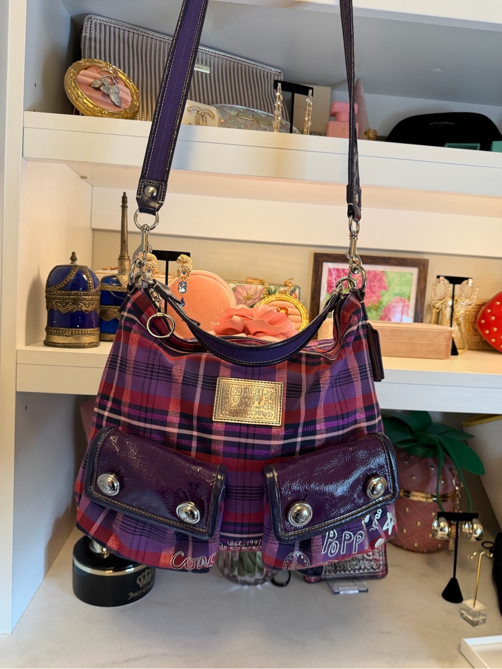 Coach EUC Purple Plaid Crossbody Top Handle Bag w Glossy Trim 2 Hang tags